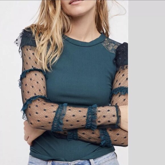 Free People Kiss Kiss 💋 Teal Swiss Dot Mesh Long Sleeve Top. Size S. - Picture 2 of 9